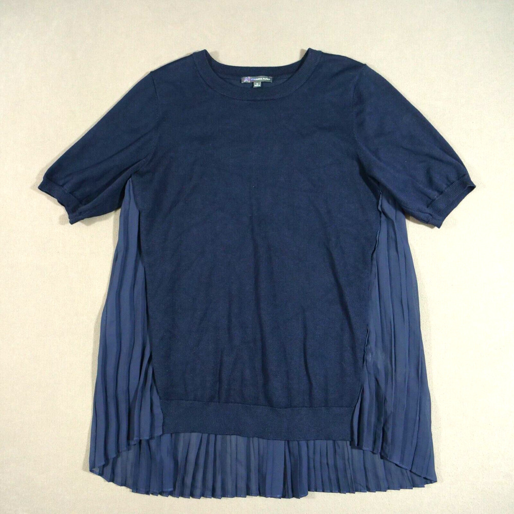 Adrianna Papell Top Womens Small Blue Knit Front Ruffled Blouse Short Sleeve